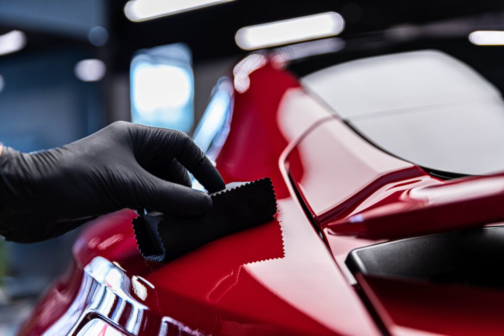 Professional applying ceramic coating to a vehicle.