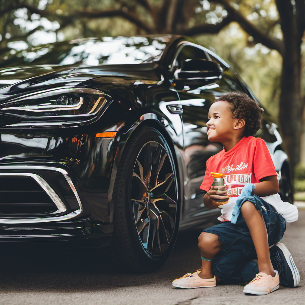 A boy sitting next to a shiny black car